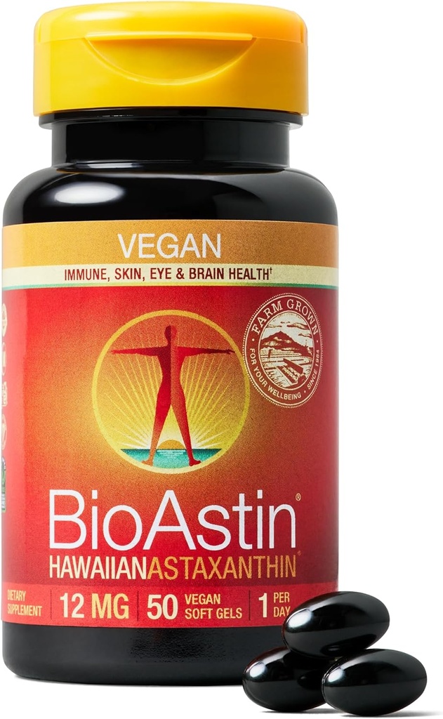 Nutrex Hawaii Vegan BioAstin Hawaiian Astaxanthin - 12mg, 50 Softgels - Farm-Direct Premium Antioksigen dəstəkləyir