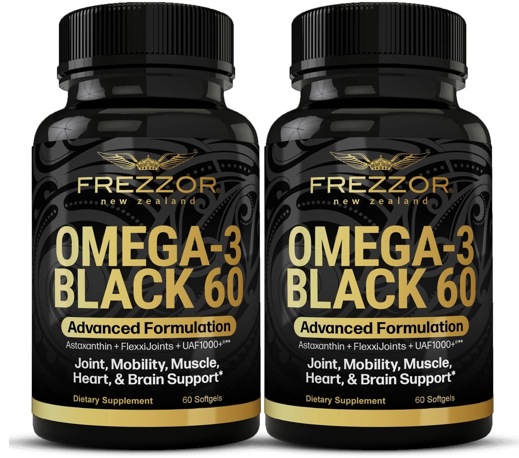FREZZOR Omega 3 Black for Joint Care & Comfort - New Zealand Green Lipped Mussel Oil Capsules; 53x Higher Potency with UAF1000+ Super Antioxidant, No Fishy Aftertaste, 60 Count (Pack of 2)