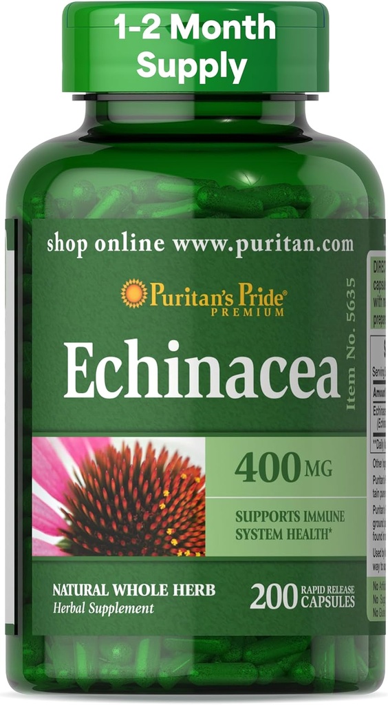 Puritan Pride Premium Echinacea naturlig hele urt Herbal Supplement 400mg, kosttilskudd for helse, immunsystem støtte, 200 Rapid Release Kapsler