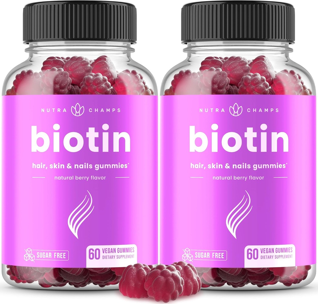NutraChamps Sugar Free Biotin Gummies 10000mcg [High Potency] - Здрава коса, кожа и нокти за жени, мъже и деца - 5000mcg във всяка Гъми - Вегетарианско здраве Витамини добавка - Малина (2-Pack)