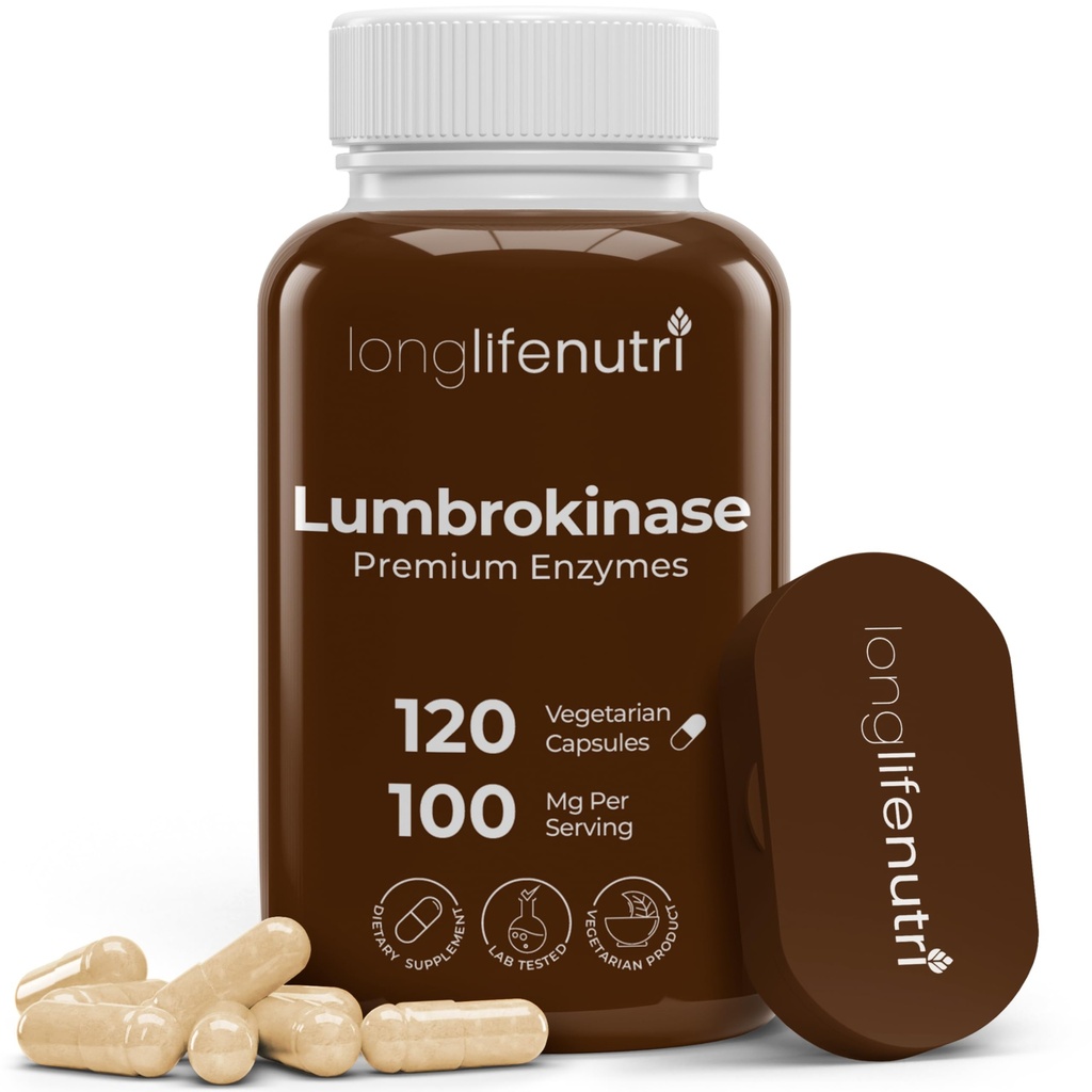 LongLifeNutri Lumbrokinase Supplement 100mg – Maximum Activity Per Serving, 120 Vegetarian Capsules, 2-Month Supply, Natural Enzyme Supplement for Circulatory Health, Lab Tested, Made in USA