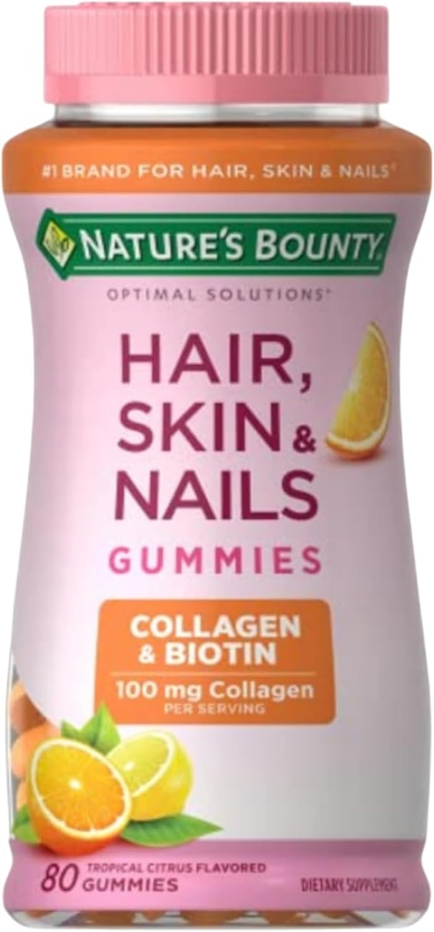 Naturalne Bounty Optimal Solutions Włosy, Skóra i paznokcie z Biotin i Kolagen, Citrus-Flavored Gummies Suplement witaminy, 2500 µg, 80 Ct, 40 Całość Służenia