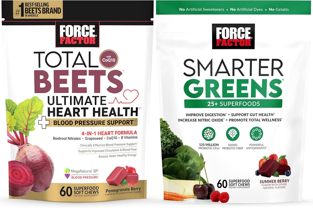 Power Factor Total Beets Ultimate Heart Health Blood Pressure Support CoQ10, 60 Soft Chews + Smarter Greens Superfood Chews, Digestion, 60 Soft Chews