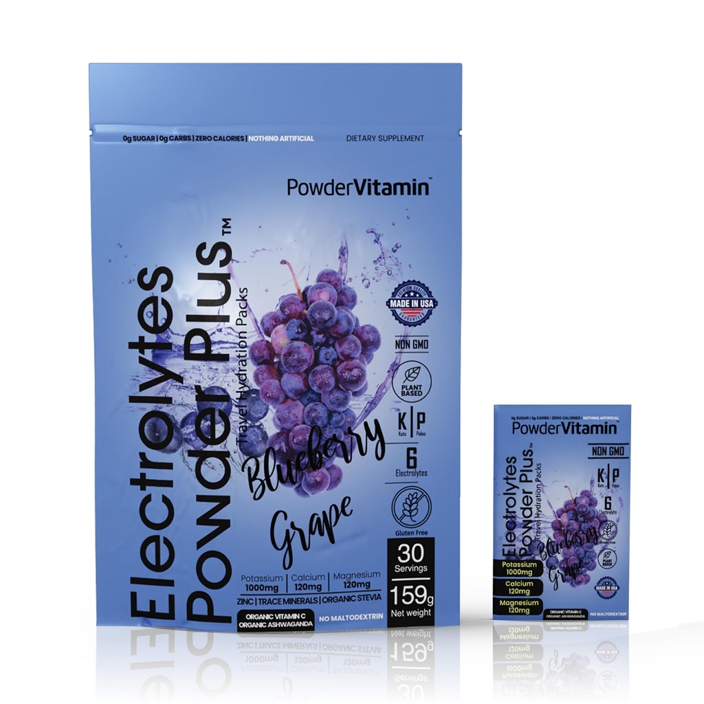 PowderVitamin Electrolytes Powder Plus, Keto, Blueberry Grape, Zero Sugar, 1000mg Potassium, 120mg Calcium, 120mg Magnesium, Non-GMO, Zero Calories, 30 Hydration Packets