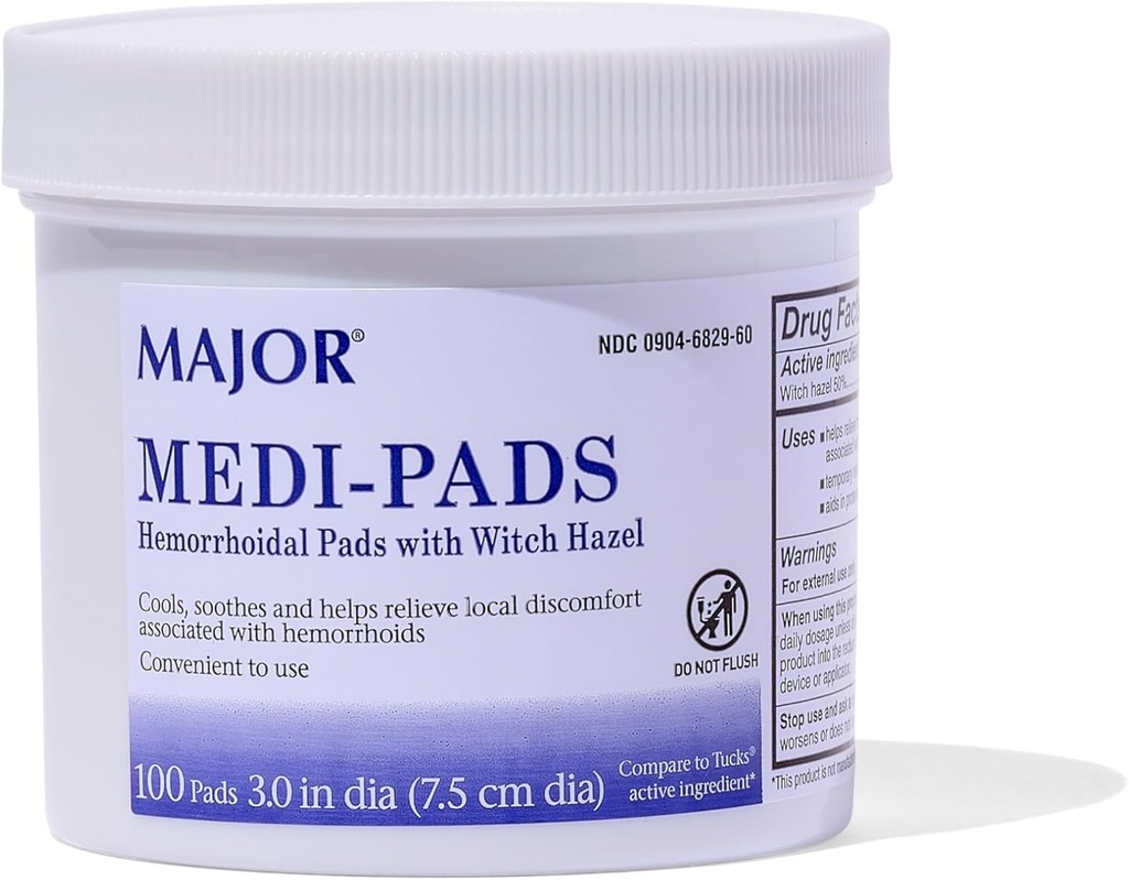 MaJOR Medi-Pads - tẩy sạch bệnh trĩ Hygienic cho Hazel Pads - Cứu trợ làm mát với Aloe - 100 Count Jar (1 gói)
