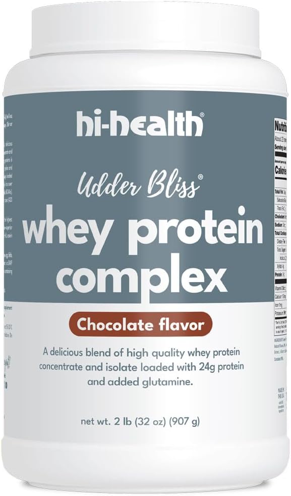 Hi-Health Udder Bliss Whey Protein Complex Powder, Blend of Bioavailable Whey Protein Concentrate and Isolate with add Glutamine, Chocolate (2 libras)