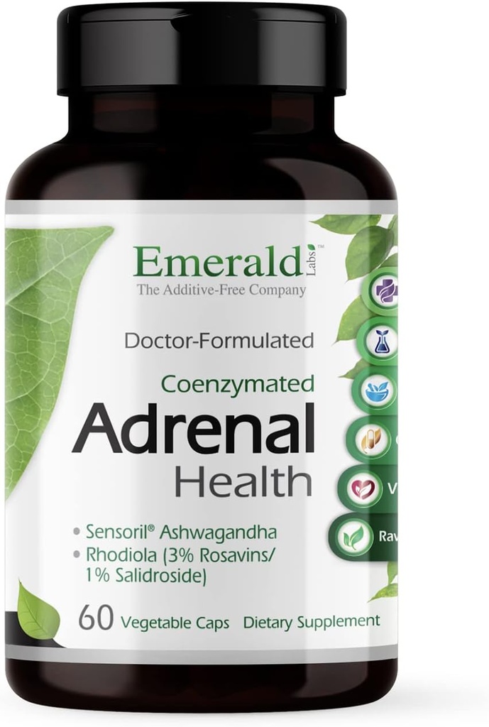 EMERALD LABS Adrenal Health - stressi leevendamine, energiatoetus ja taastav uni Sensoril Ashwagandha, B-vitamiinide, rodiola ja muu * - Gluteenivaba - 60 köögiviljakapslit (30-päevane pakkumine)