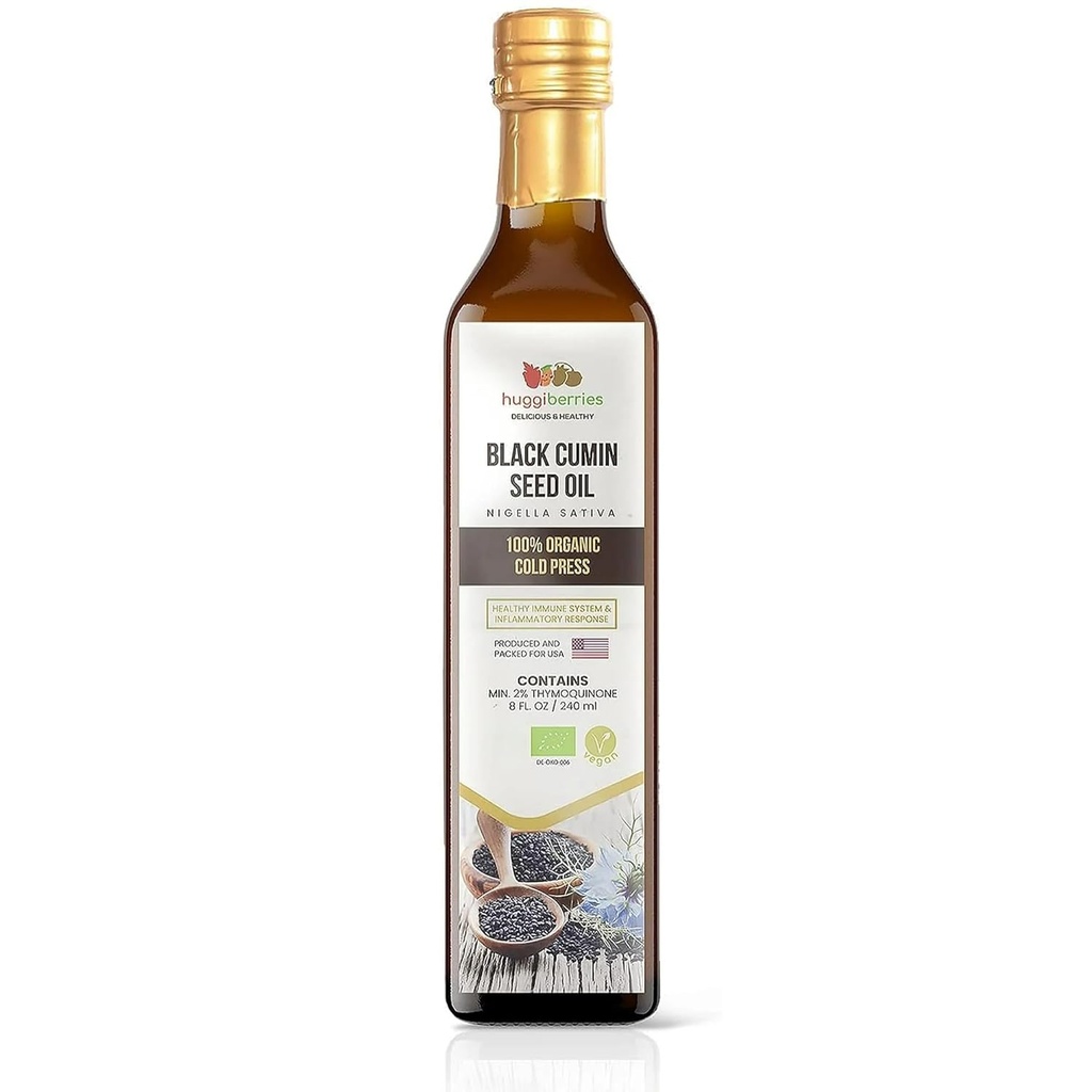 Huggiberries Organic Black Seed Oil Liquid - Glas bottle- Gluten-Free Oil for Salads, Dips, Dressings, Veggies - Cold Pressed Turkish Cumin, Rich in Thymoquinone Immunitätsergänzung - 8 fl.oz./250ml