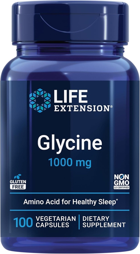Glicina de extensión de vida, 1000 mg, Aminoácidos que promueve el sueño saludable, libre de gluten, no GMO, vegetariano, 100 cápsulas