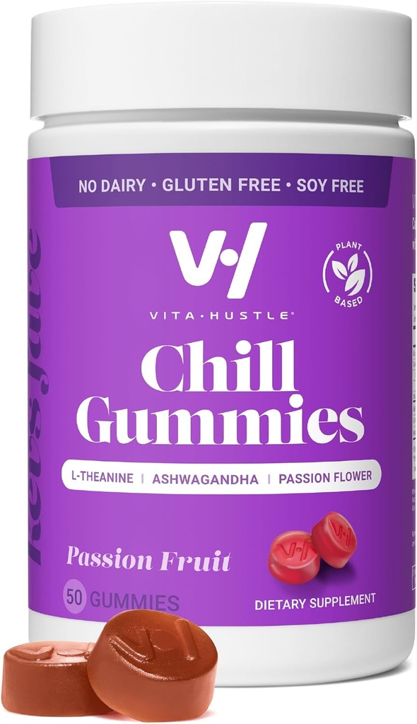 VitaHustle Chill Gummys for Relief, 300 mg KSM 66 Ashwagandha, L-Theanine, Vegan, Mood Gummys, Caltisol, Focus (Passion 水果) 50 计数