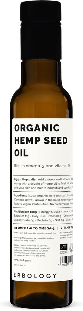 Erbology Organic Hemp Seed Oil 8.5 fl oz - Cold-Pressed - Rich in Omega-3 - Zdroj vitamínu D - Priamo z farmy - Non-GMO - Žiadne prísady alebo konzervačné látky - Recyklovateľné sklenené fľaše