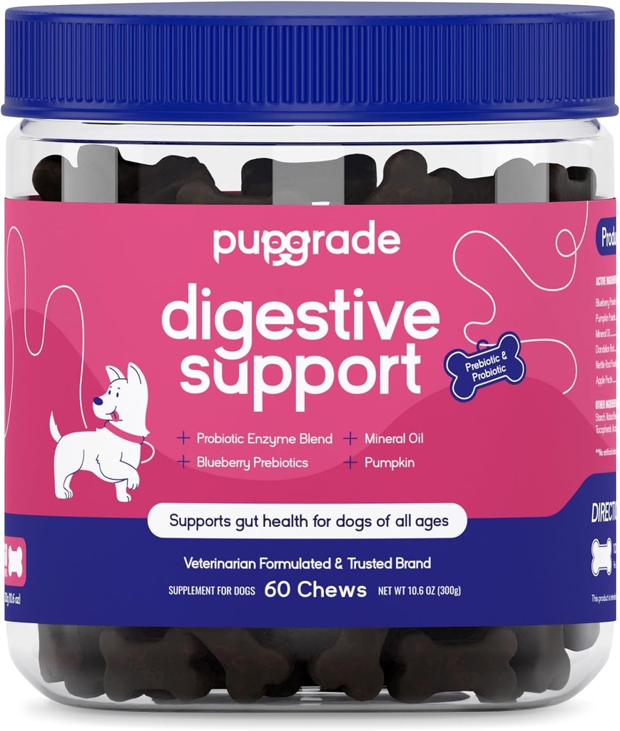 PupGrade Digestive Civersive Chews for Dogs - 配有Enzyme Blend的预生和亲生补充 - Upset Stomach, Diarrhea, Bowel, and Imune Support - 南瓜,蓝莓,矿物油 - 60 Soft Chews