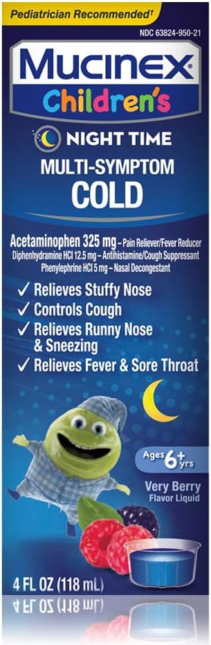 Koud, Hoest en Koorts, Mucinex Kinderen Multi-Symptoom, Nacht tijd Koude Liquid, Gemengde Berry, 4oz, Vermindert koorts, Controles Hoest, Verlicht Stuffy Neus