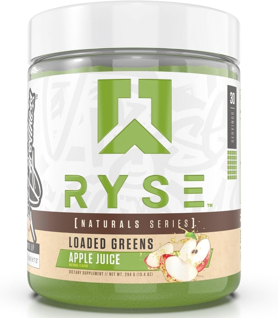 RYSE Verdes cargados Superfood Powder - Apple Juice - Daily Supplement with Greens Balance, BettaBerries & Sukre Fiber - Supports Digestion, Immunity & Energy - Sin Sweeteners artificiales - 30 Servings