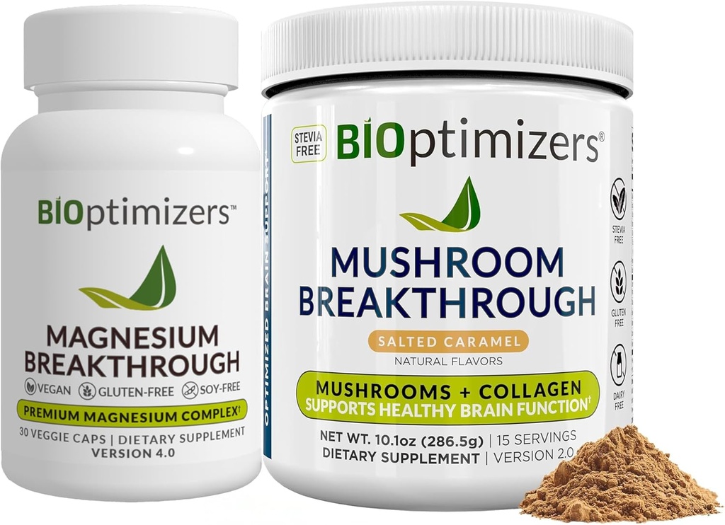 BiOptimizers Magnesium Breakthrough 4.0, (30 Capsules) " Mushroom Breakthrough Powder (Salted Caramel, 15 Servings) - Natural sleep and Brain Superfood " supplement Bundle