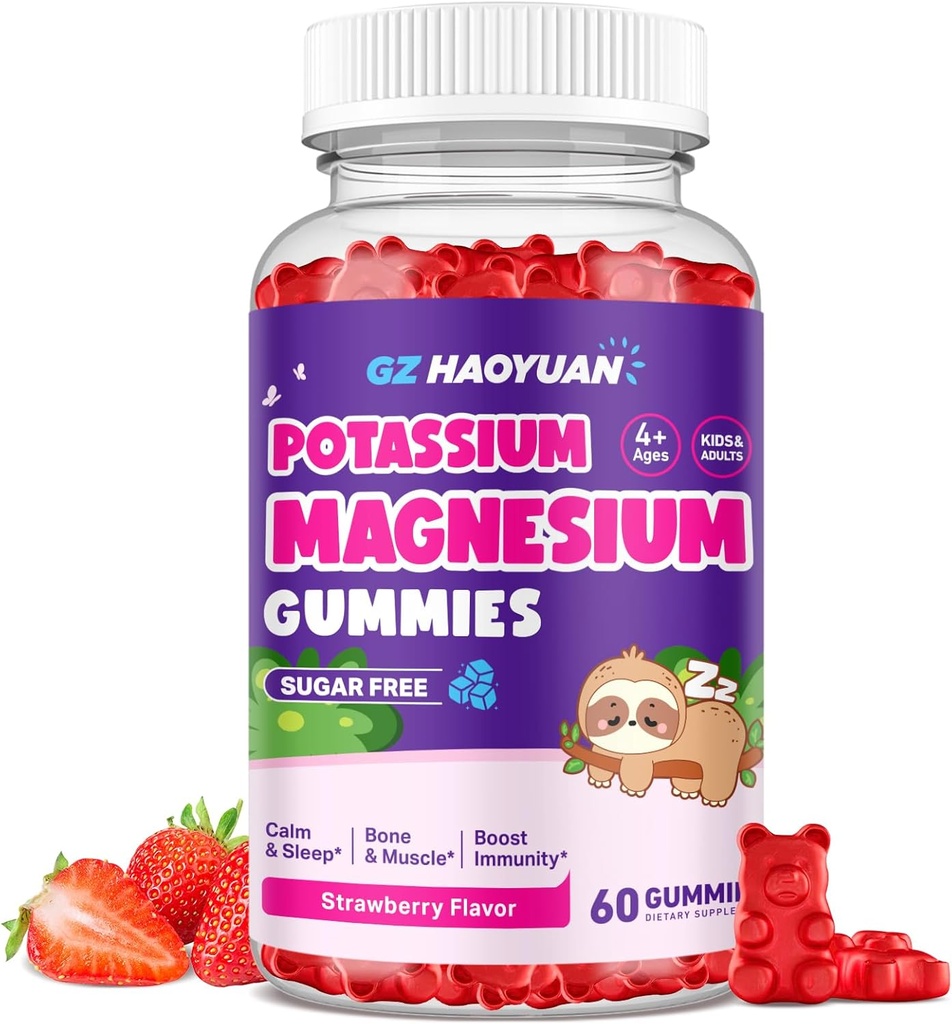 Magnesiumgummis für Kinder - Magnesium Glycinate Gummis mit Vitamin D3, B6, Kalium & Ashwagandha, Magnesium für Kinder & Erwachsene Erholung, Schlaf, Gehirn & Knochen Gesundheit - Vegan Erdbeere 60ct