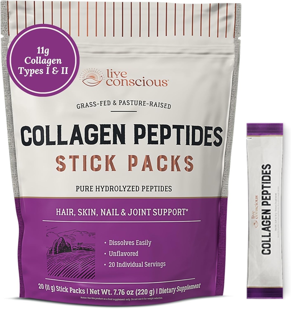 Live Conscious Collagen Peptides Powder Unmarious Packets - Hydrolyzed Collagen Powder - Hiukset, iho, kynnet, & Joint Support - Tyyppi I & III Grass-Fed Collagen täydentää naisille ja miehille - Pakkaus 20