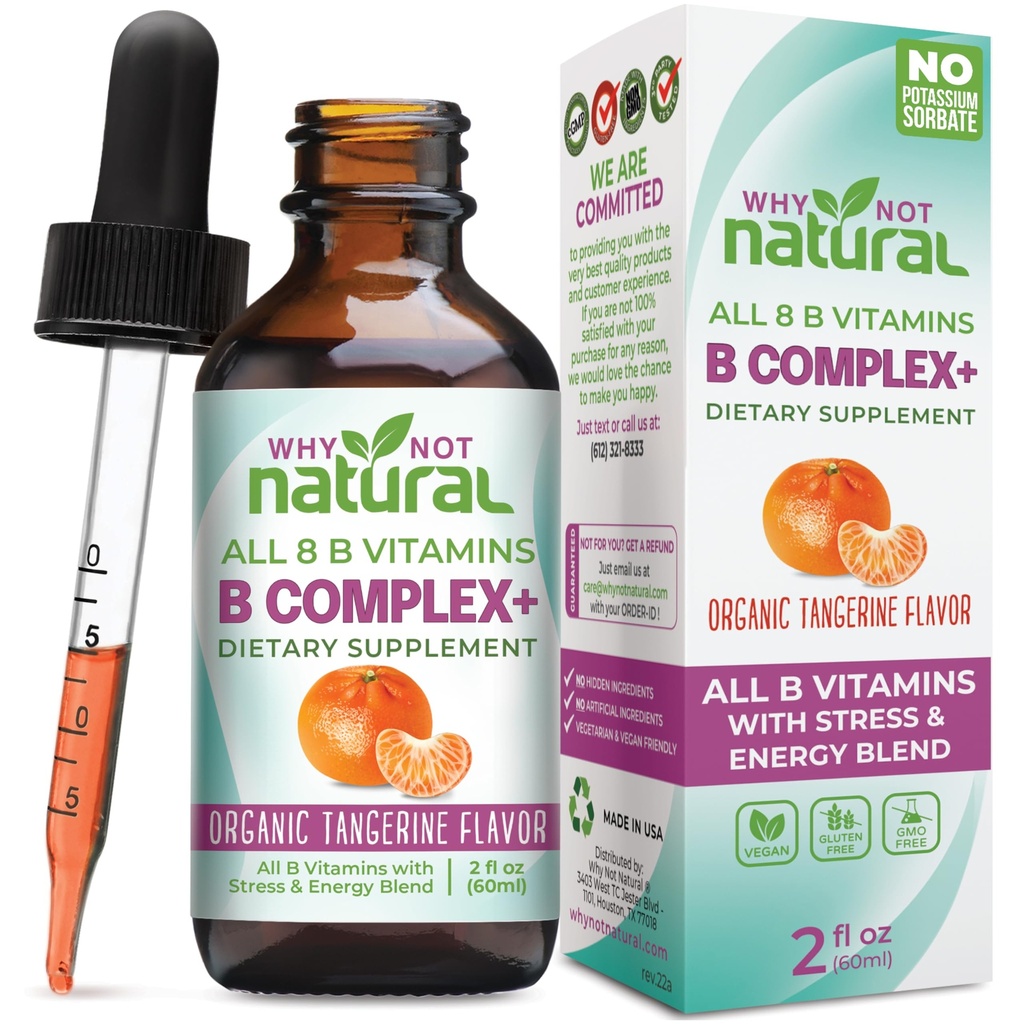 Why Not Natural Vitamin B Complex Liquid Drops - Supplement for Women - Vegan and Sublingual Forms of B1 B2 B3 B5 B6 Biotin Folate and Choline - Plus Blend for Energy Support