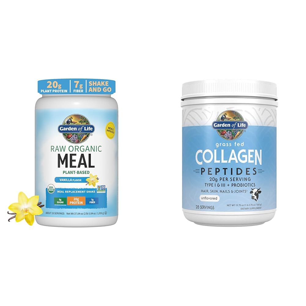 Garden of Life Vegan Protein Powder - Raw Organic Meal Replacement Shakes - Vanilla - Pea Protein & Grass Fed Collagen Peptides Powder – Unflavored Collagen Powder for Women Men Hair Skin Nails Joints
