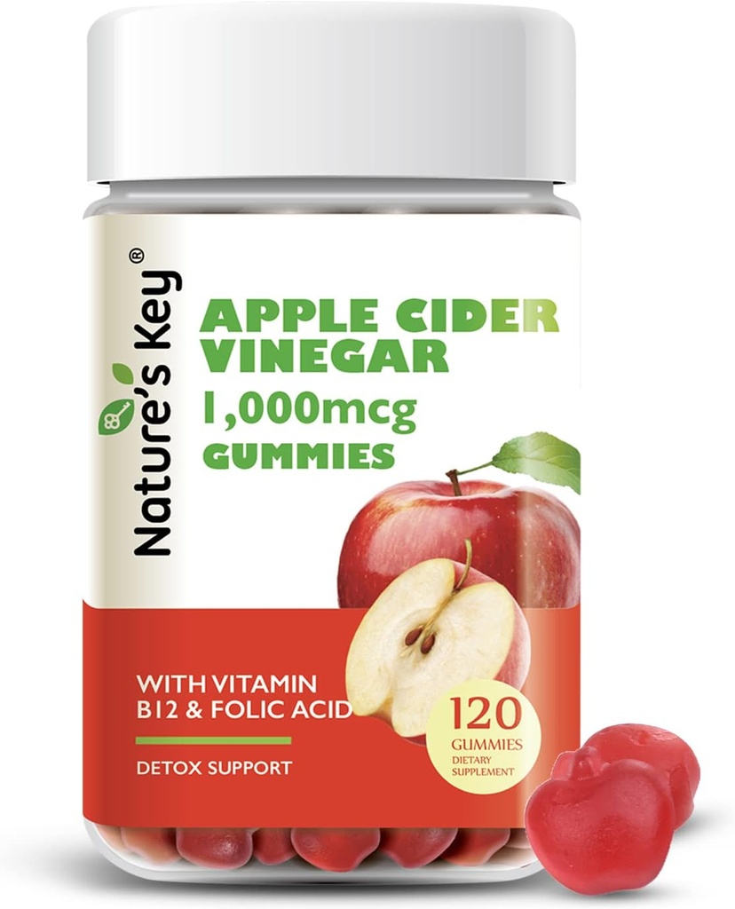 Nature's Key Apple Cider Vinegar Gummies 120 カウント ACV Gummy with Folic Vitamin B6 B12 Beetroot & Pomegranate - ビーガン、非GMO&グルテンフリー
