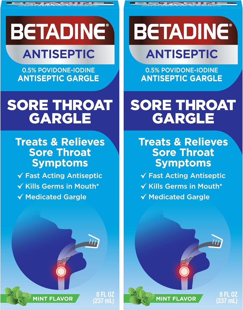 Betadine Sore Throat Relief Gargle, Mint Flavor, Fast Acting Antiseptic, Povidone-Iodine 0,5%, 8 oz (Pack of 2)