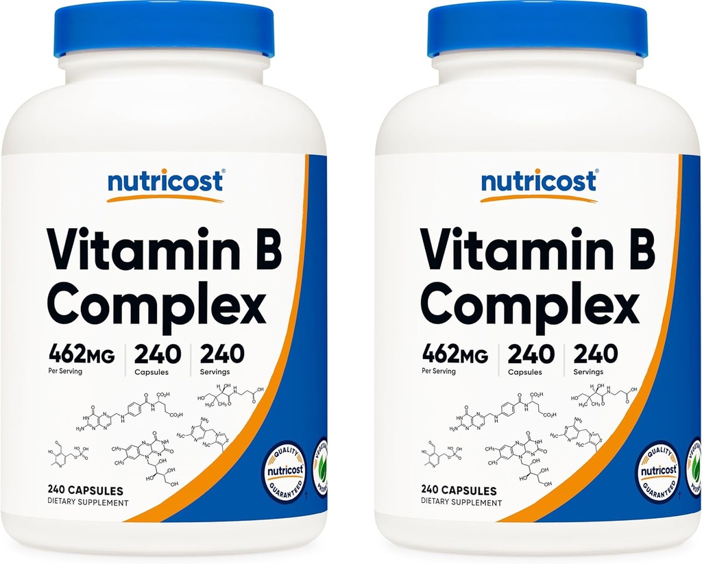 Nutricost Visoka moč Vitamin B Complex 462mg, 240 Kapsule (2 steklenici) - z vitaminom C