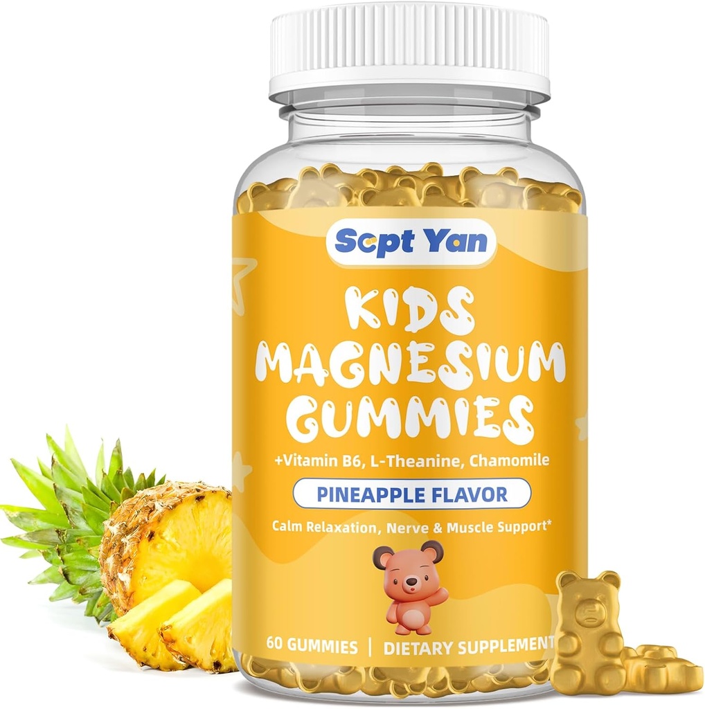 Magnesium Gummies for Kids - Magnesium Citrate Suplemen dengan Vitamin B6, L-Teanine, Chamomile & Lemon Balm - Calm Magnesium untuk Anak-anak & Dewasa Tidur, Relaxation, Pineapple Flavor 60 Gummies