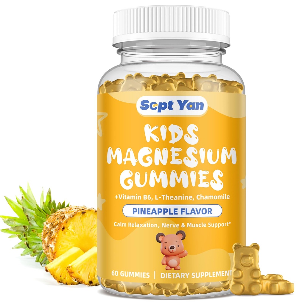 Magnesium Gummies for Kids - Magnesium Citrate Supplement with Vitamin B6, L-theanine, Chamomile & Lemon Balm - Calm Magnesium for Kids & Adults Sleep, Relaxation, Pineapple Flavor 60 Gummies
