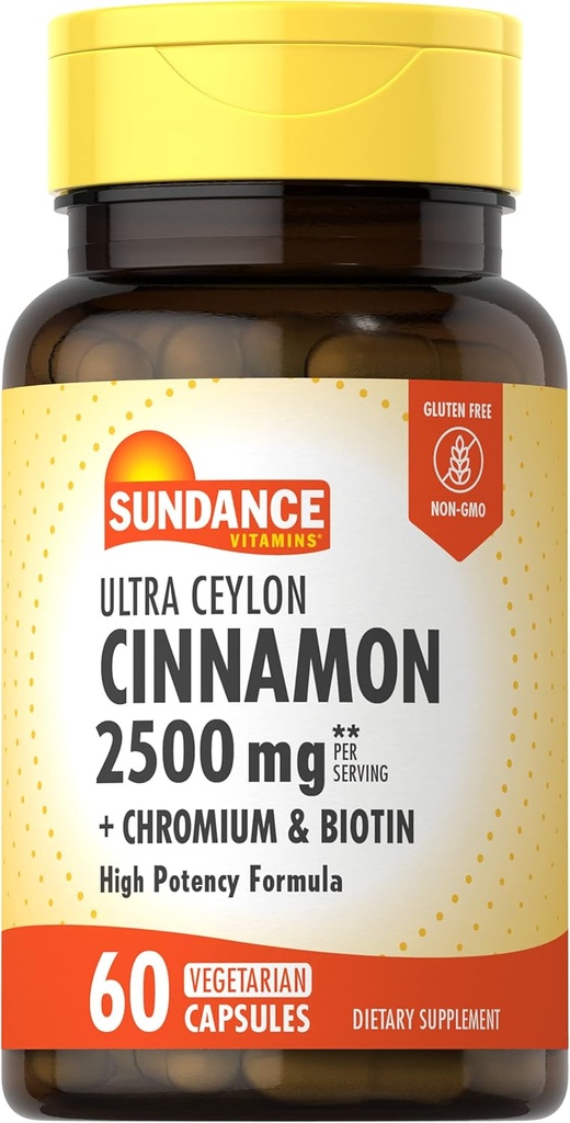 Sundance Ceylon Cinnamon Kapseln 2500mg | 60 Pillen | mit Chrom und Biotin | Vegetarisch, Non-GMO, und Glutenfreie Ergänzung
