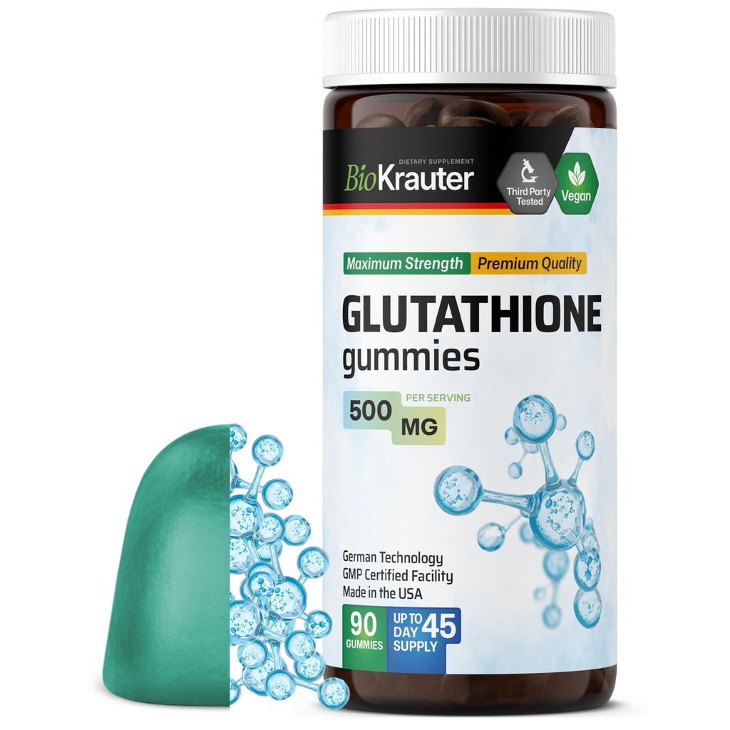 BIO KRAUTER® Glutathione Supplement for Skin & Antioxidant Support - Glutathione Gummies 500 mg for Clear Skin & Beauty - 90 Gummies, 45-Day Supply - Non-GMO, Blueberry Flavor