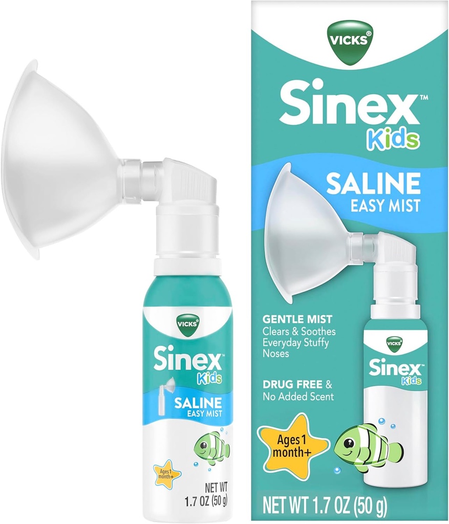 Vicks Sinex Kids Saline Easy Mist, Drug Free Saline, Ages 1 Month+, Gently Clears and Soothes Everyday Stuffy Noses, Safe for Daily Use, 1.7 OZ