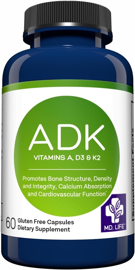 Supplément de vitamine MD.LIFE ADK – Vitamine D3 K2 et complexe – 60 capsules – Vitamine ADK haute puissance pour le soutien de la santé des os et du coeur
