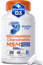 Glucosamina Chondroitin MSM + vitamina D3 | Suplemento de apoio conxunto sen Shellfish para mobilidade, flexibilidade e saúde ósea | Non-GMO, Gluten-Free, Soy-Free - Fórmula 7-in-1 para homes e mulleres