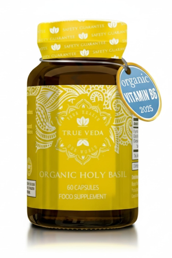 USDA Organic Holy Basil Supplement, 15:1 Tulsi, Vitamin B6, 60 Vegan Caps | USDA Certified Organic Supplements| Tulsi Holy Basil Plant Extract 15:1 |2.5% Ursolic Acid| Vitamin B6 |Ayurveda | True Veda