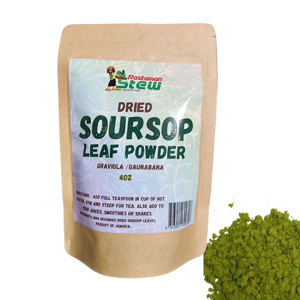 RastaMan Stew Grounded Dried Soursop Tea Organic Leaves Powder, Pure Graviola Leaf Extract/Guanabana Leaves/Sour Sop Stem - Antioxidant 및 Nutrients의 풍부한 - 보존 (4oz) 브라운
