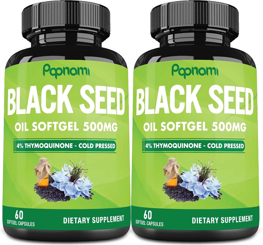 Premium Black Seed Oil Capsules - 2 Packs 60 conta 500mg - 4 Mes de subministración para inmunidade, circulación, dixestivo, pel, cabelo e xestión corporal
