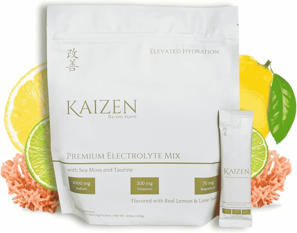 Kaizen Hydration - Premium Celo telo Hydration Drink - Energija, Fokus, Wellness - Organski Elektrolit Mešanica z Irish Sea Moss, Taurine, Monkfay Extract - Osvežitev limonina limona Flavor - 8.88 oz