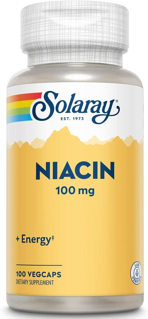 SOLARAY Niatsiin 100 mg, vitamiin B3 | Naha tervis, närvisüsteemi ja vereringe tugi | 100 ct