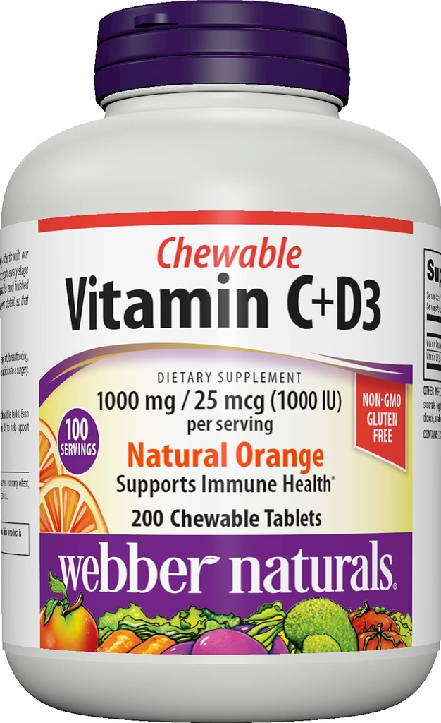 Webber Naturals Vitamin C + D3, 200 Chewable Tablets - Natural Orange Flavor, Vitamin C 1000mg & Vitamin D3 1000IU Per Serving, Bones, Teeth, Immune Support, Non GMO, Dairy & Gluten Free