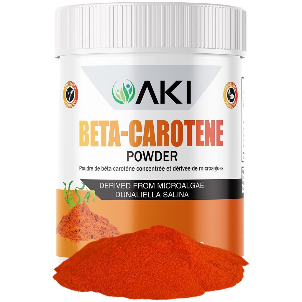 AKI Beta Carotene 10% Powder (1.5oz/42.52g) Highly Concentrated flavouring Fount of Vitamin A, May Helps to Support Body Functions, Skin, Immune System and Eye - GMO Free & Vegan Friendly