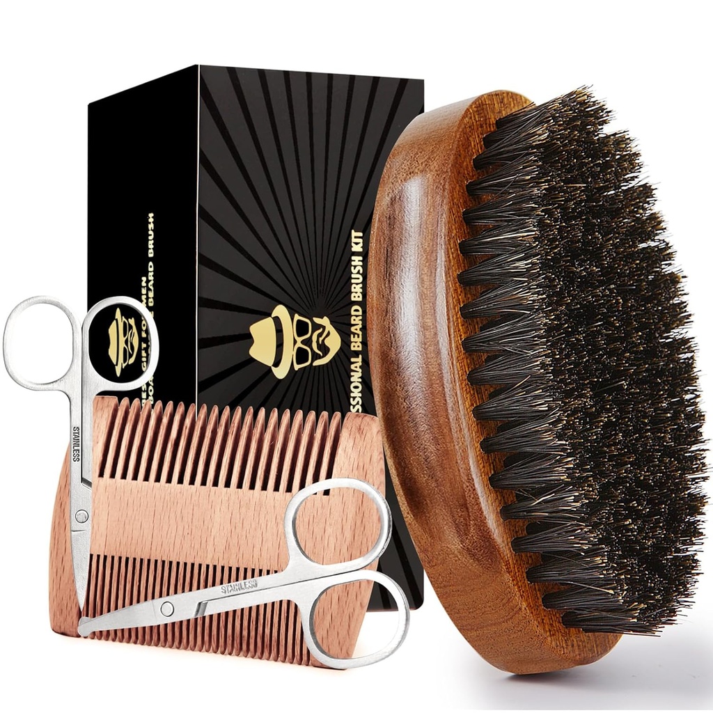 Sosoon Beard Brush für Herren, 100% reine Boar Bristle Beard Bürste, Bart Grooming Set einschließlich Bart Comb, 2 Stck Mustache Scissors und Reisetasche