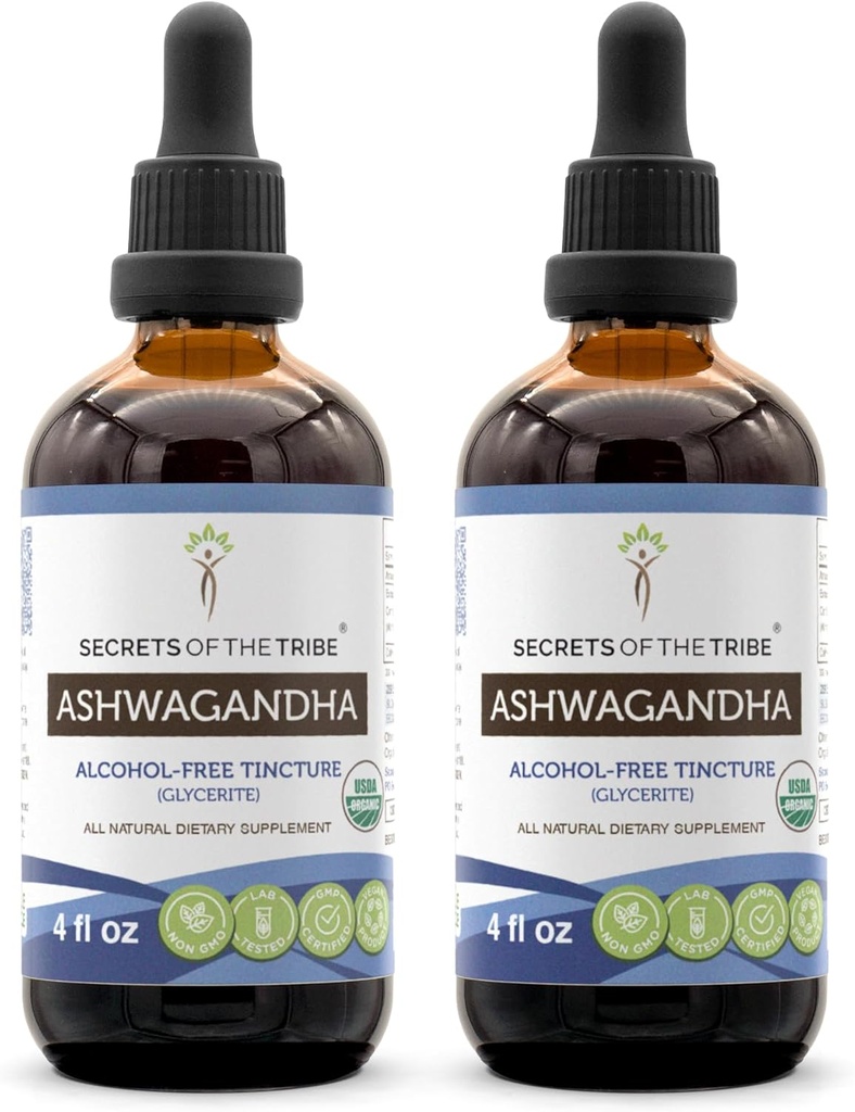 Ashwagandha Tincture Alcohol-Free Extract, USDA organiko Ashwagandha Withania Somnifera AntiStress and Relaxation 2x4 OZ