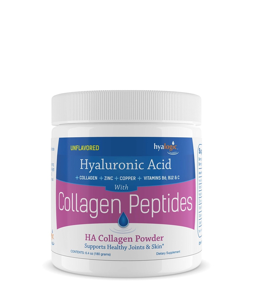 Hyalogic Hyaluronic Acid Collagen Peptides Powder – Joint, Skin, Hair, Nail & Hydration Support – with Zinc, Vitamins B6, B12 and C, Hydrolyzed Protein – 6.4oz