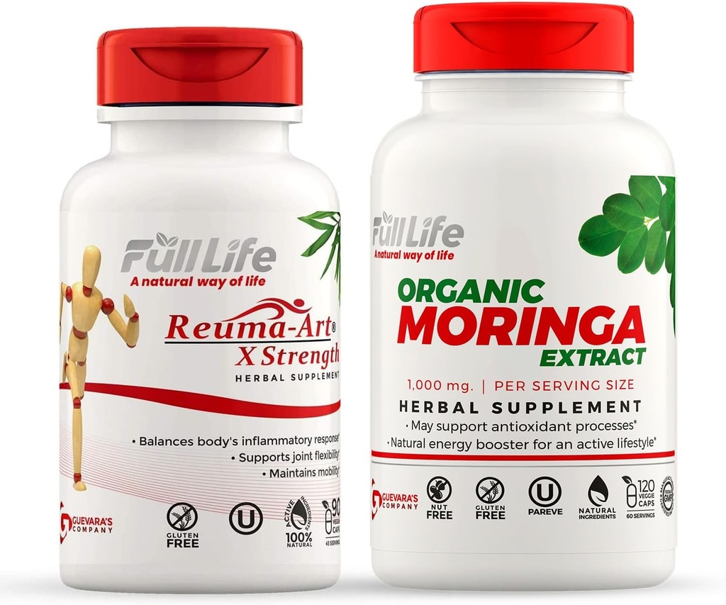 Full Life Reuma-Art X Strength and Moringa Capsules - Joint Support Supplement - Moringa Oleifera Extract - Herbal, Kosher, Gluteenittomat - Kasviskapselit