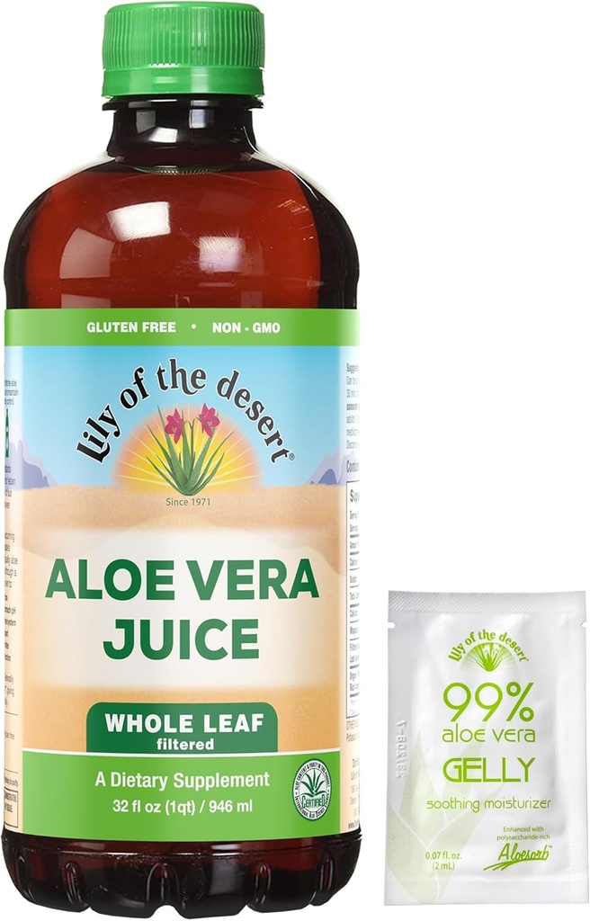 Lily of the Desert Aloe Vera Juice - Whole Leaf Filtered Aloe Vera Drink, Non-GMO Aloe Juice with Natural Digestive Enzymes for Gut Health, Stomach Relief, Wellness, Glowing Skin, 32 Fl Oz. Gelly Sachet incluido