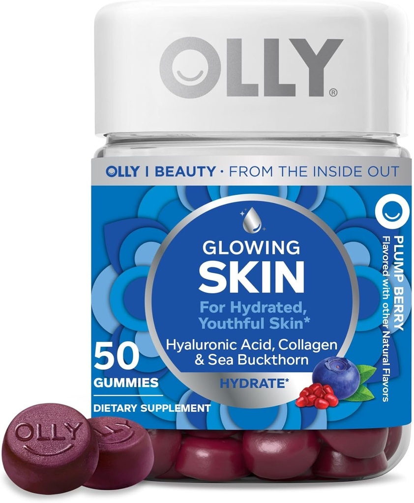 OLLY Glowing Skin Gummy, Hydrated & Youthful Skin,* Hyaluronsäure, Collagen Peptide, Sea Buckthorn, Plump Berry Flavor, 25 Day Supply - 50 Count