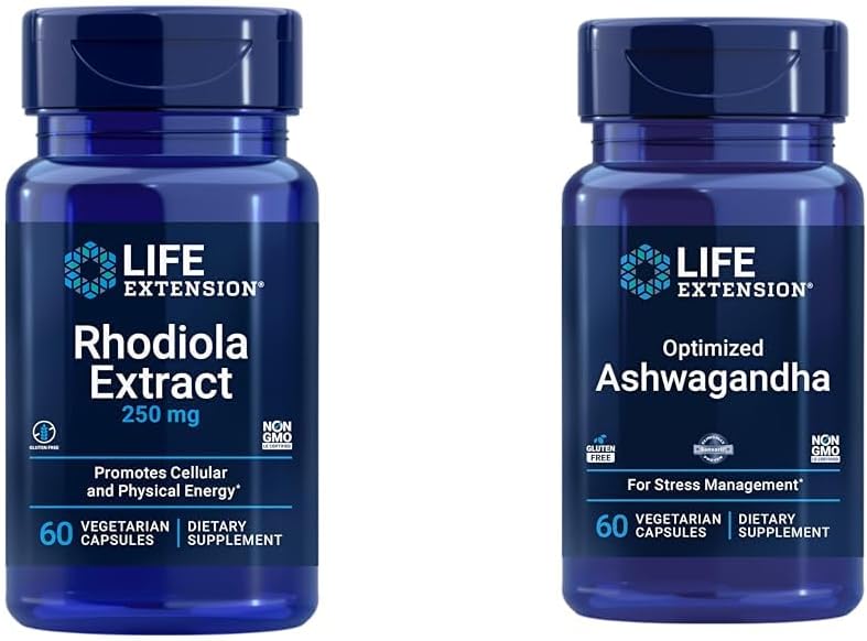 Life Extensie Rhodiola și Ashwagandha Extract Bundle, Rhodiola rosea și Ashwagandha Suplimente, 60 Capsule Fiecare