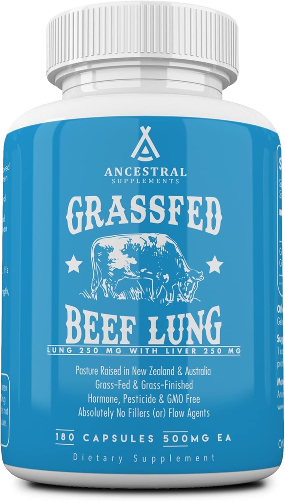 Integratori ancestrali Grass Fed Beef Lung Supplemento con fegato, 500mg, polmone e fegato Supplemento Supporta polmone, respiratorio, vascolare, e la salute circolatoria, non OGM, 180 capsule