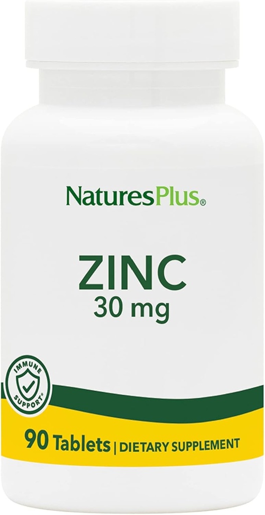 NaturesPlus Zink tabletter - 30 mg, 90 vegetariska tabletter - Immunsystem Supplement för cellulär tillväxt och reparation - främjar hälsosam matsmältning, metabolism och vision - Glutenfri - 90 portioner