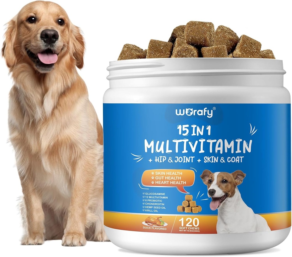 15-in-1 Tambahan Multivitamin Dog Multivitamin - Dog Multivitamin Chewable - Imunitas, Ditraffic, Joint and Heart Support for Skin, Coat Heart, Immune System - for All Ages All Breeds (120 Counts)
